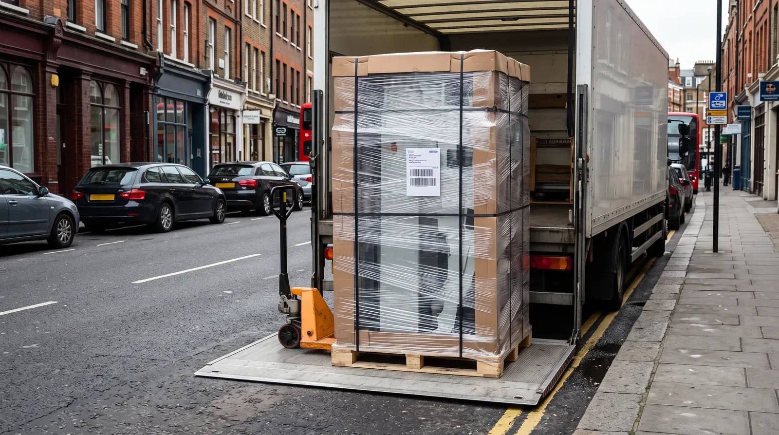 A single bulky commercial appliance cushioned with cardboard corner protectors, secured with tension strapping and stretch film onto a wooden pallet, resting on the lowered hydraulic tail-lift of a delivery truck parked along a British urban street.